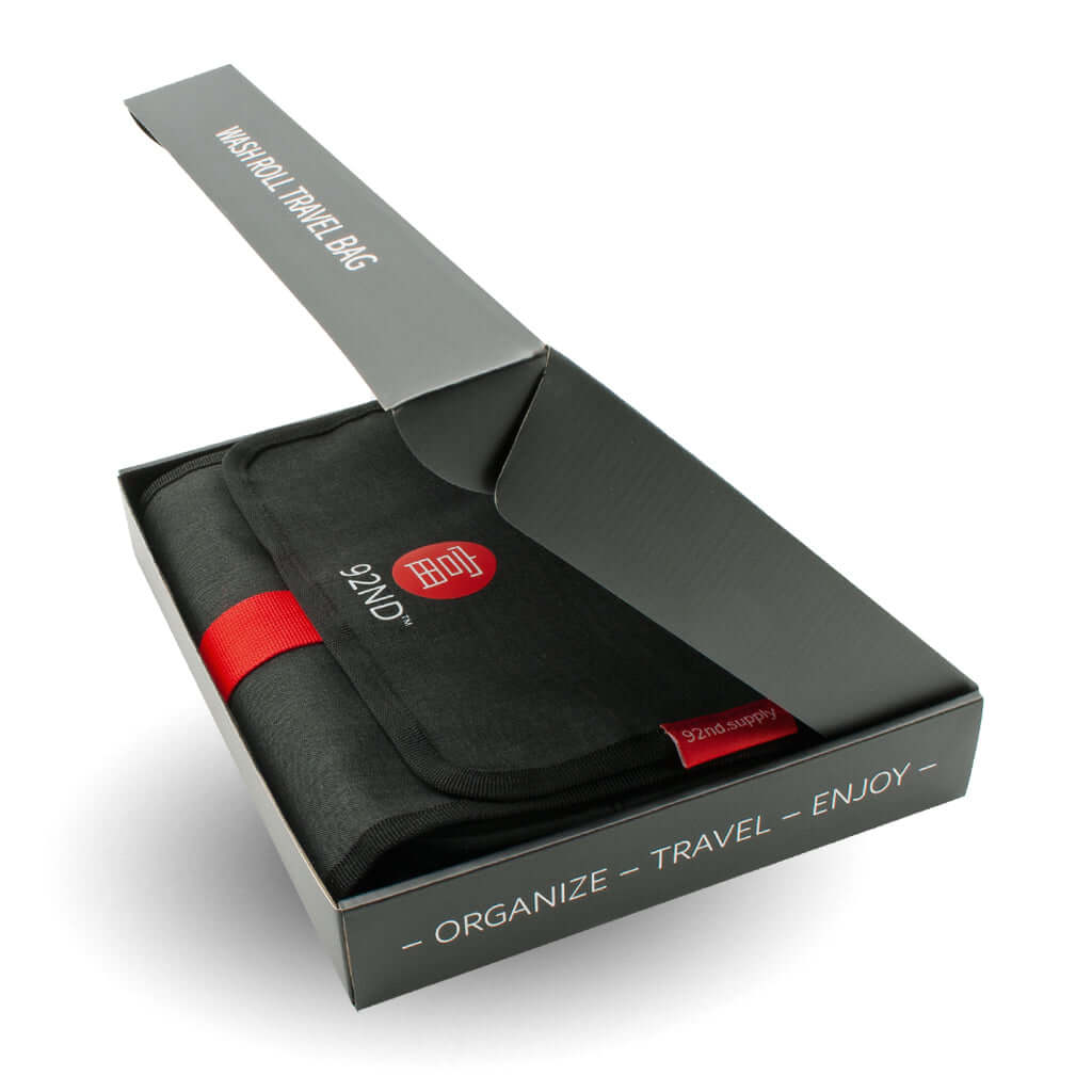 Hanging toiletry bag washroll black in gift box to give as a gift