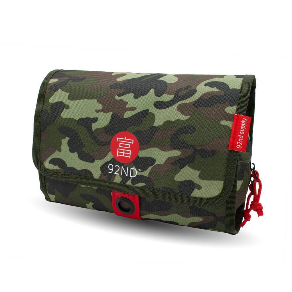 Hanging Toiletry Bag camouflage, many zippered compartments, organized packing.