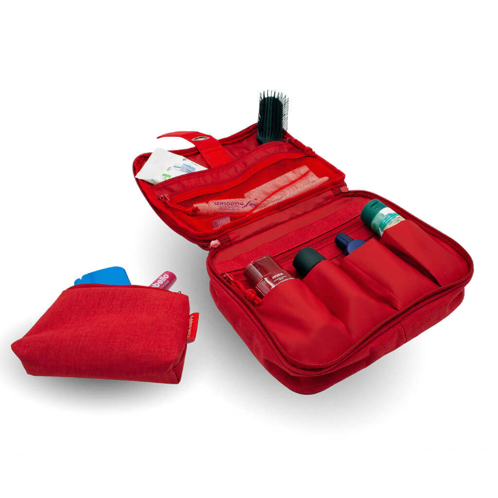 Red toiletry bag with hanging makeup pouch. Includes toiletries.