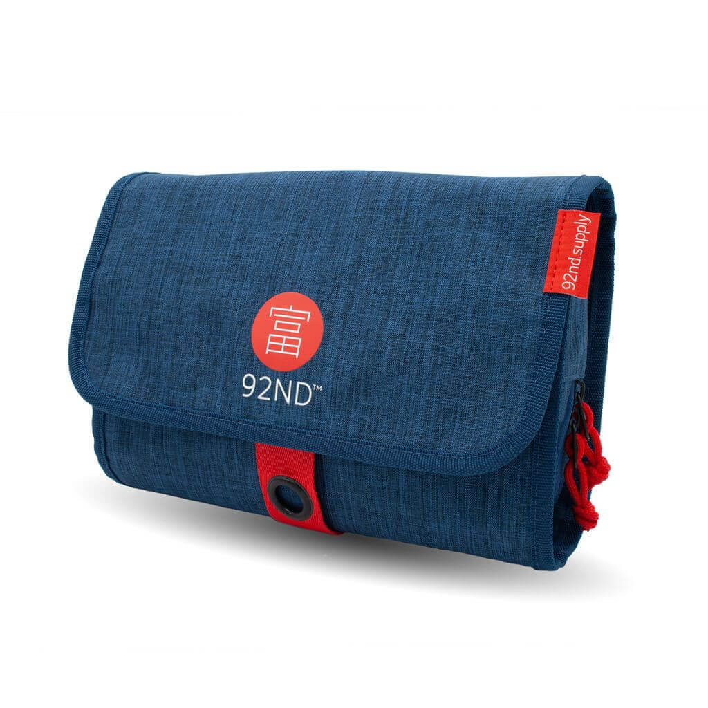 Hanging Toiletry Bag blue, many zippered compartments, organized packing.