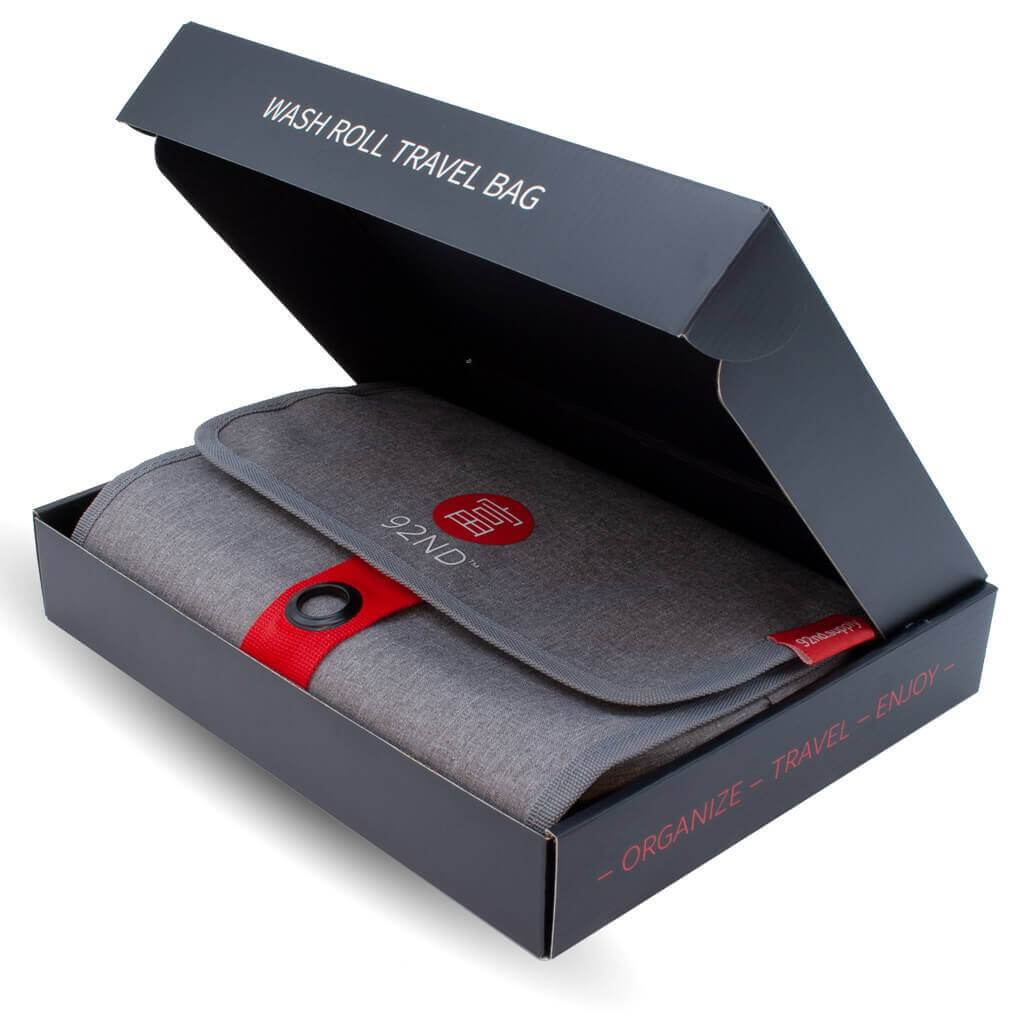Grey toiletry bag in gift packaging