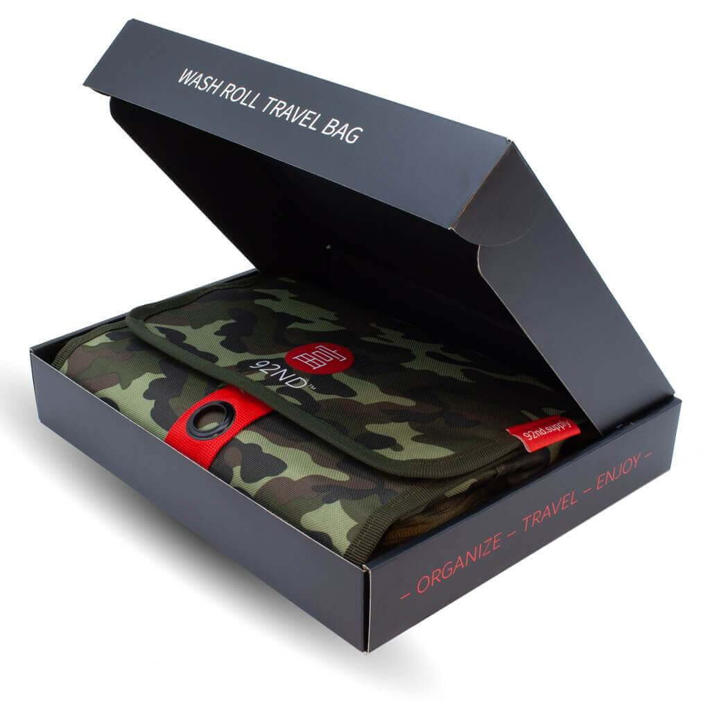 Gift box toiletry bag for men, camouflage green and brown, brand 92nd.supply, model washroll