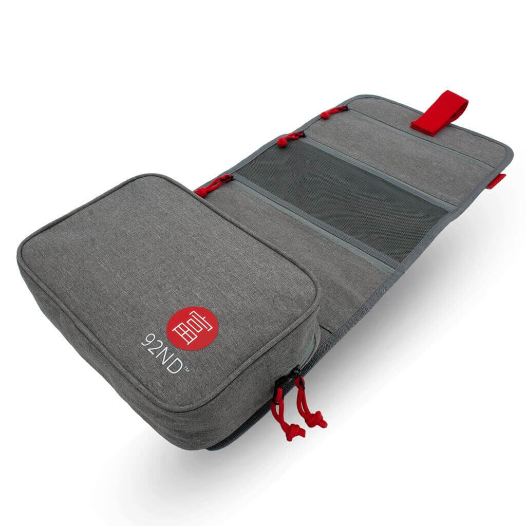 Hanging Toiletry Bag, grey when unfolded, with handy storage compartments.