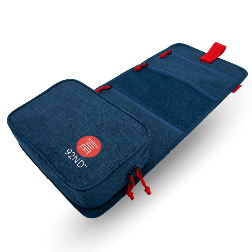 Hanging Toiletry Bag blue when unfolded, with handy storage compartments.