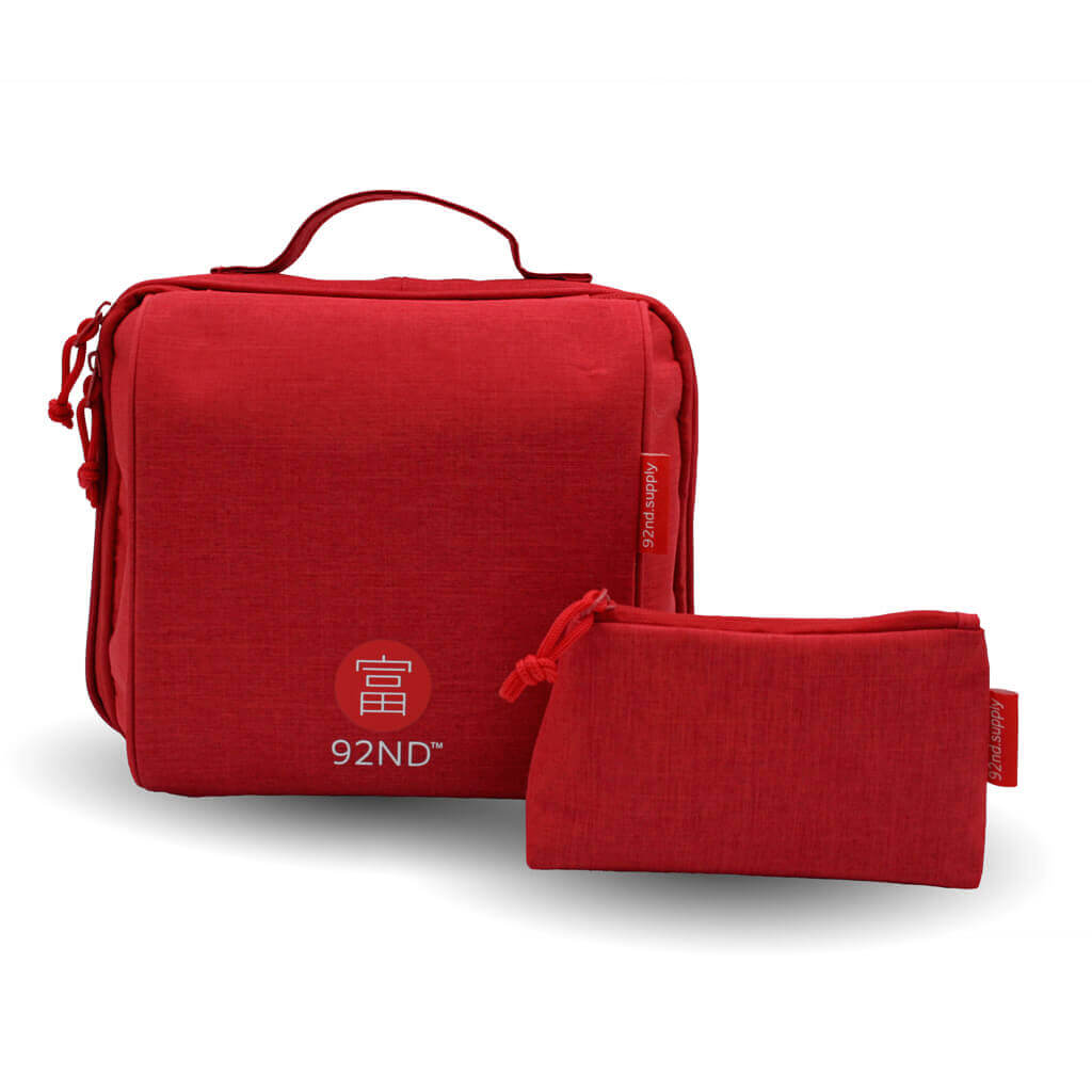 Hanging ladies toiletry bag with lipstick bag, color red.