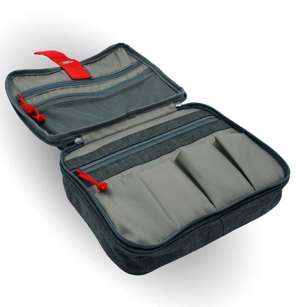 Grey toiletry bag with makeup pouch, for women. Easy to hang.