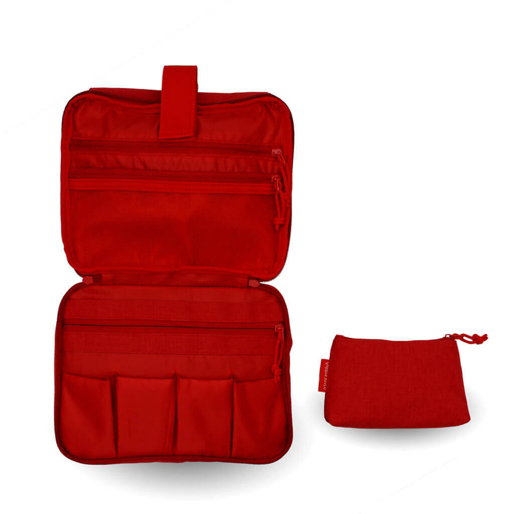 Red toiletry bag with makeup pouch, for women. Plenty of space and compartments. Easy to hang. 92ND.SUPPLY