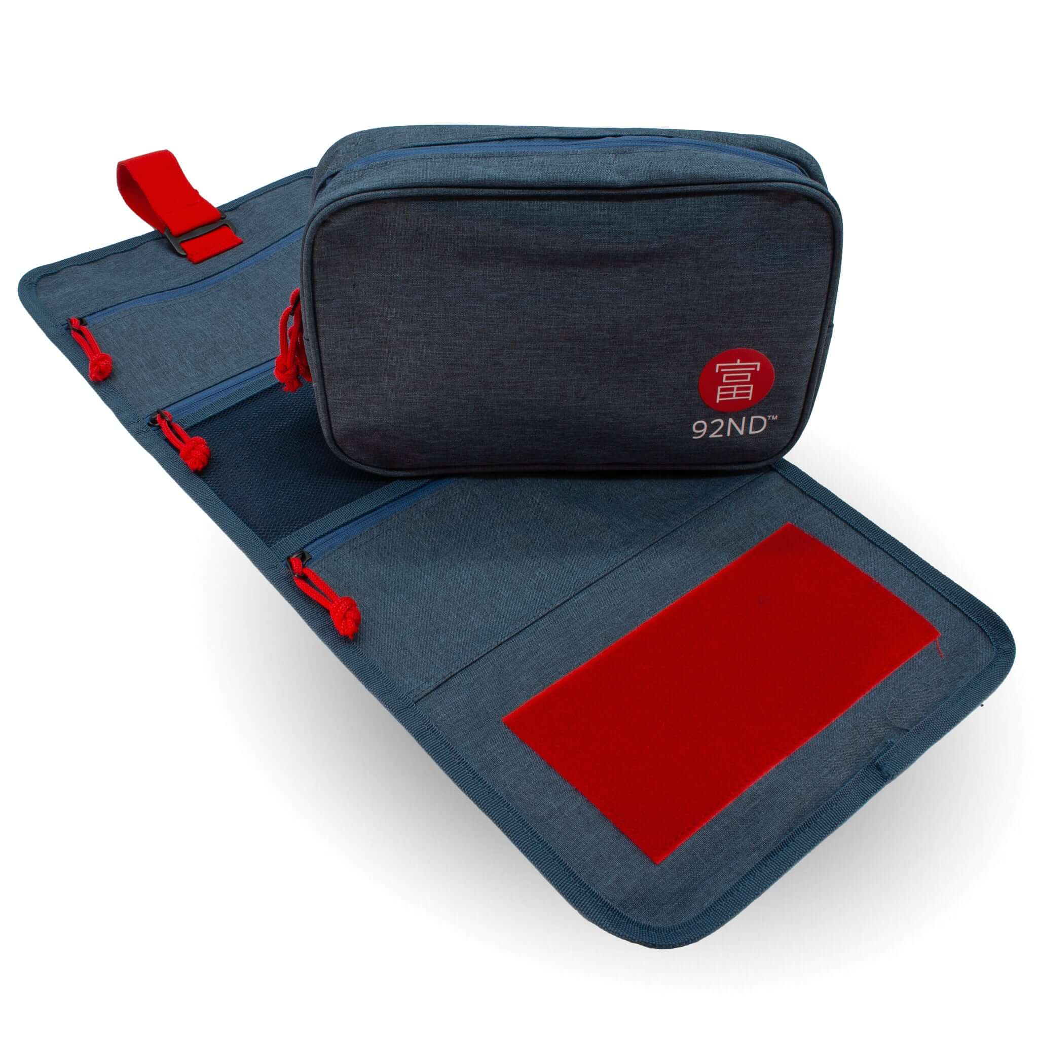 Hanging Toiletry Bag Washroll Blue, rolled out with handy zippers and compartments.