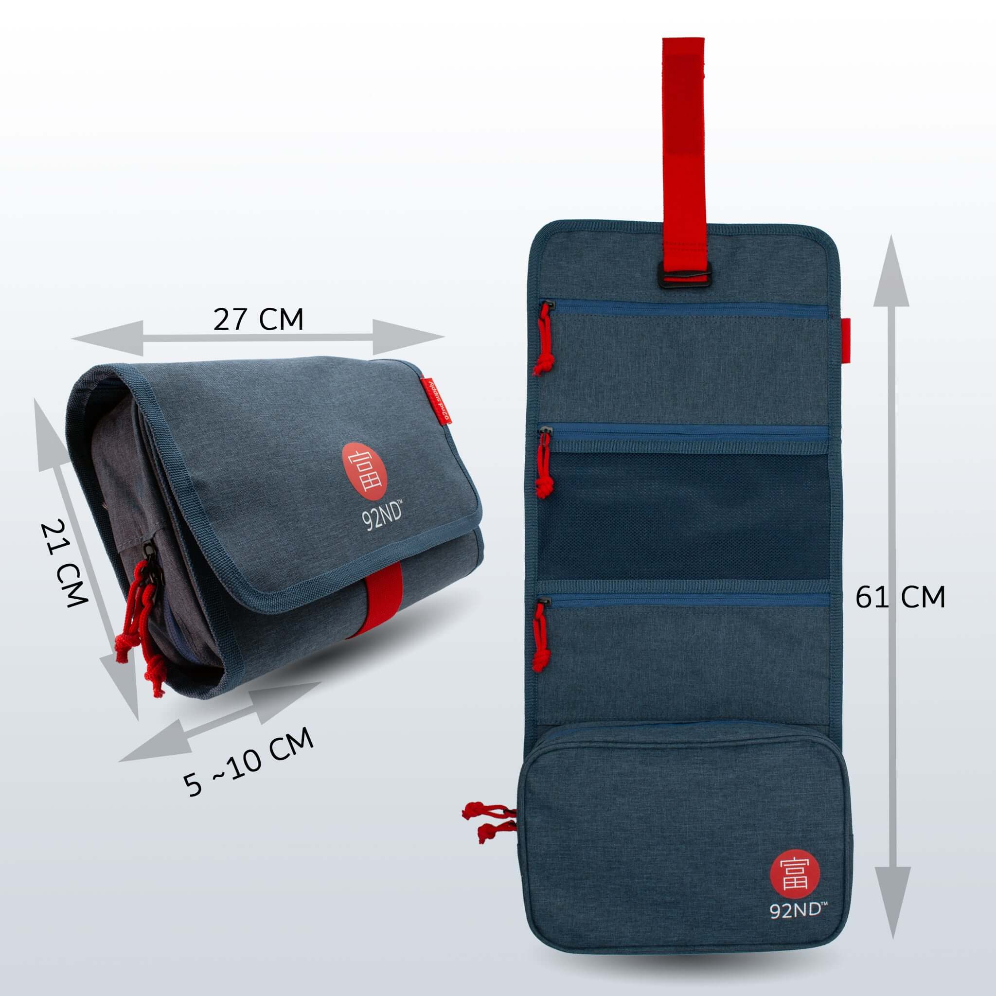 Hanging Toiletry Bag Washroll Blue, folded and rolled out with dimensions for ease of use.