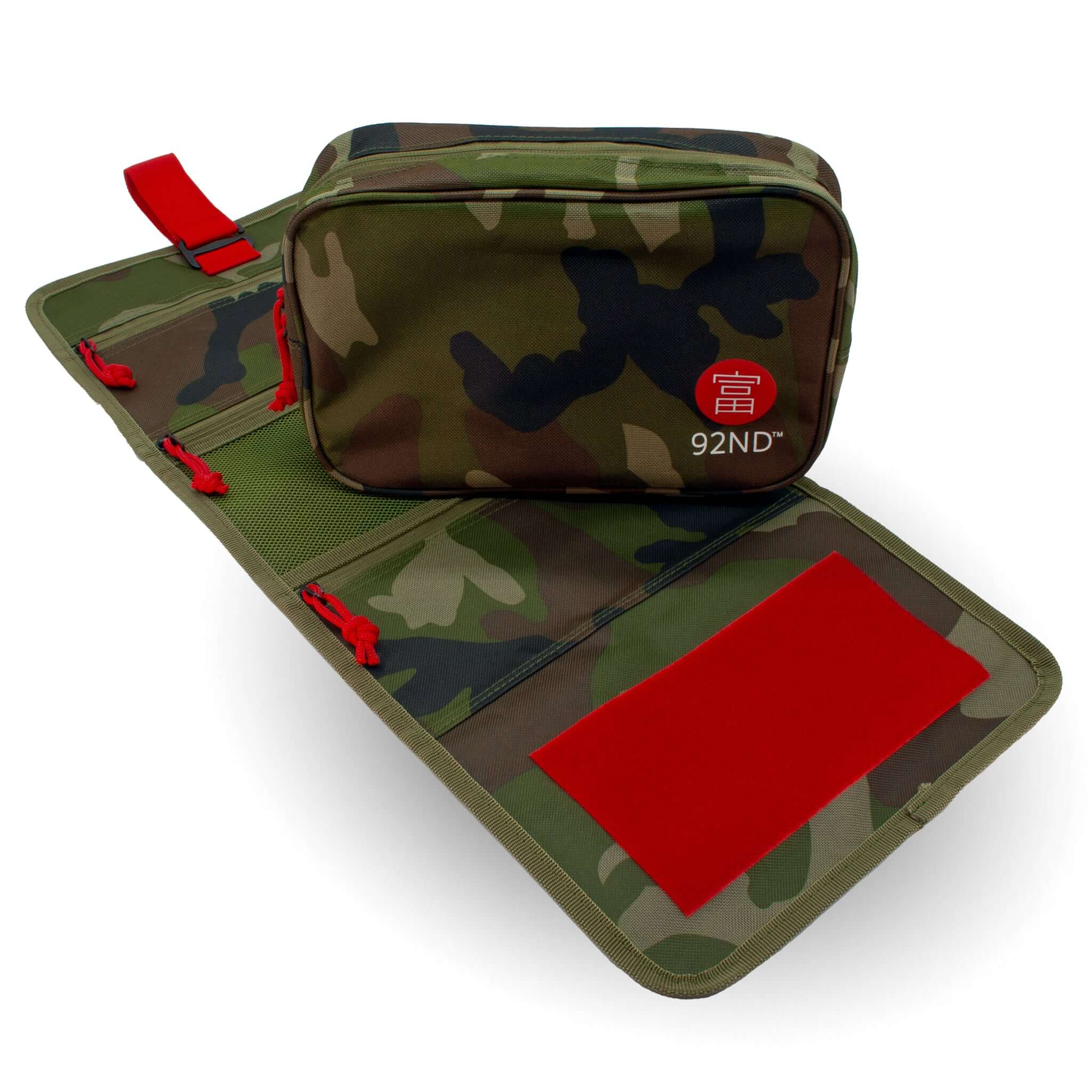 Hanging Toiletry Bag Washroll camouflage, rolled out with handy zippers and pockets.