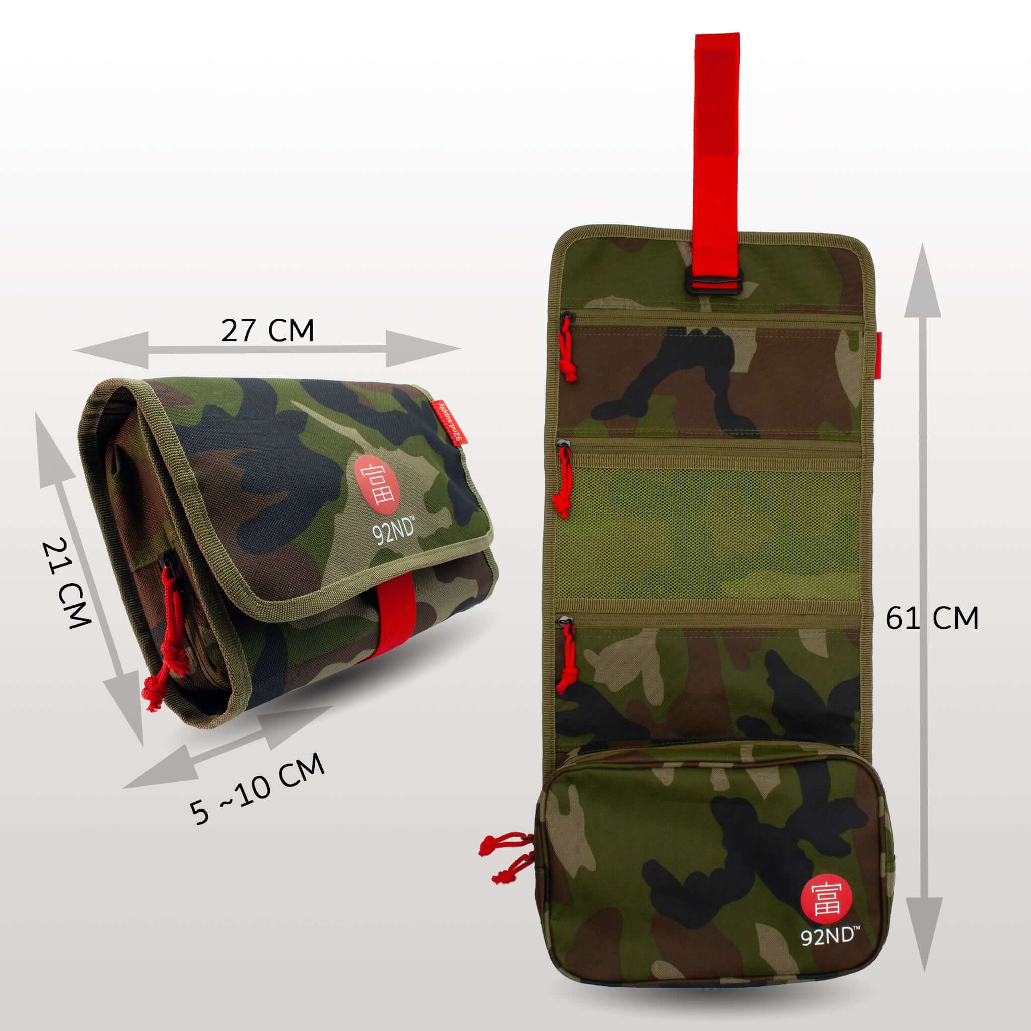 Hanging Toiletry Bag Washroll camouflage, folded and rolled out with dimensions for ease of use.