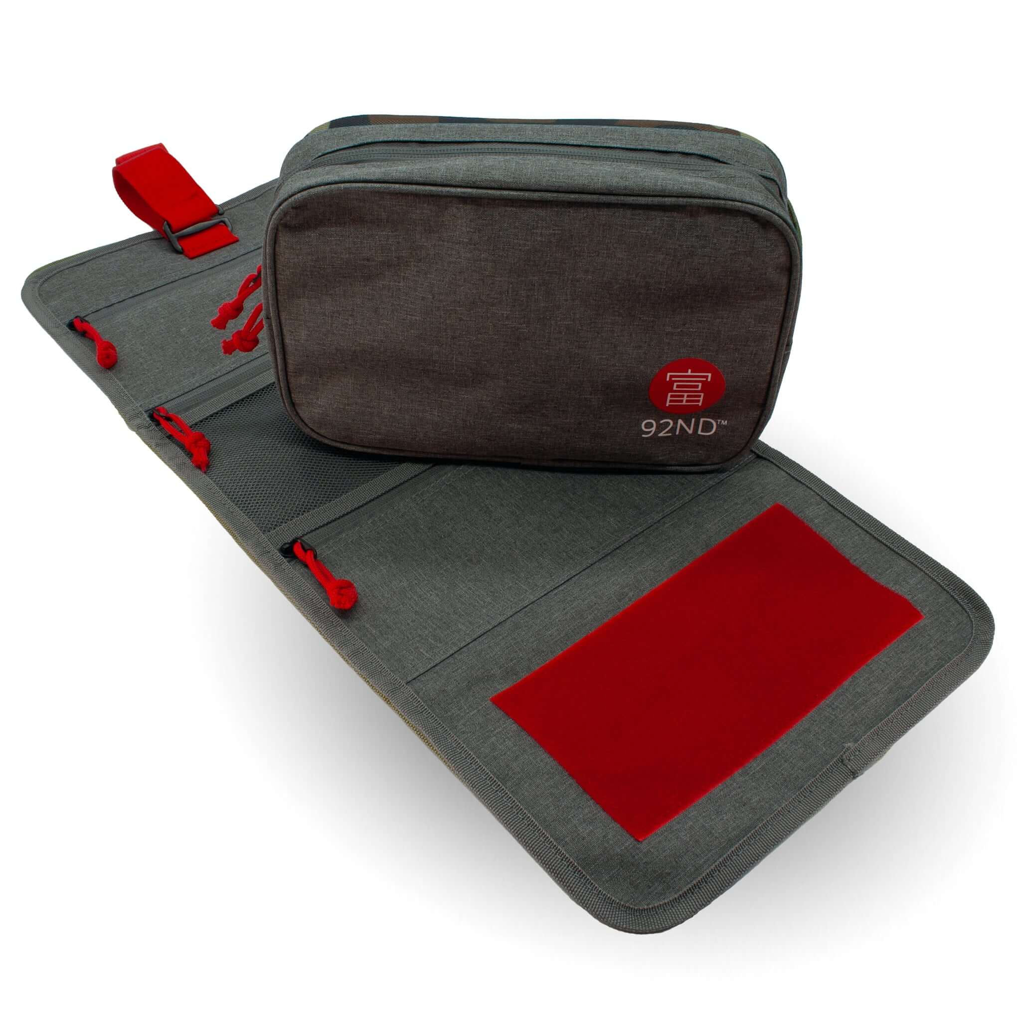 Hanging Toiletry Bag Washroll Grey, rolled out with handy zippers and compartments.
