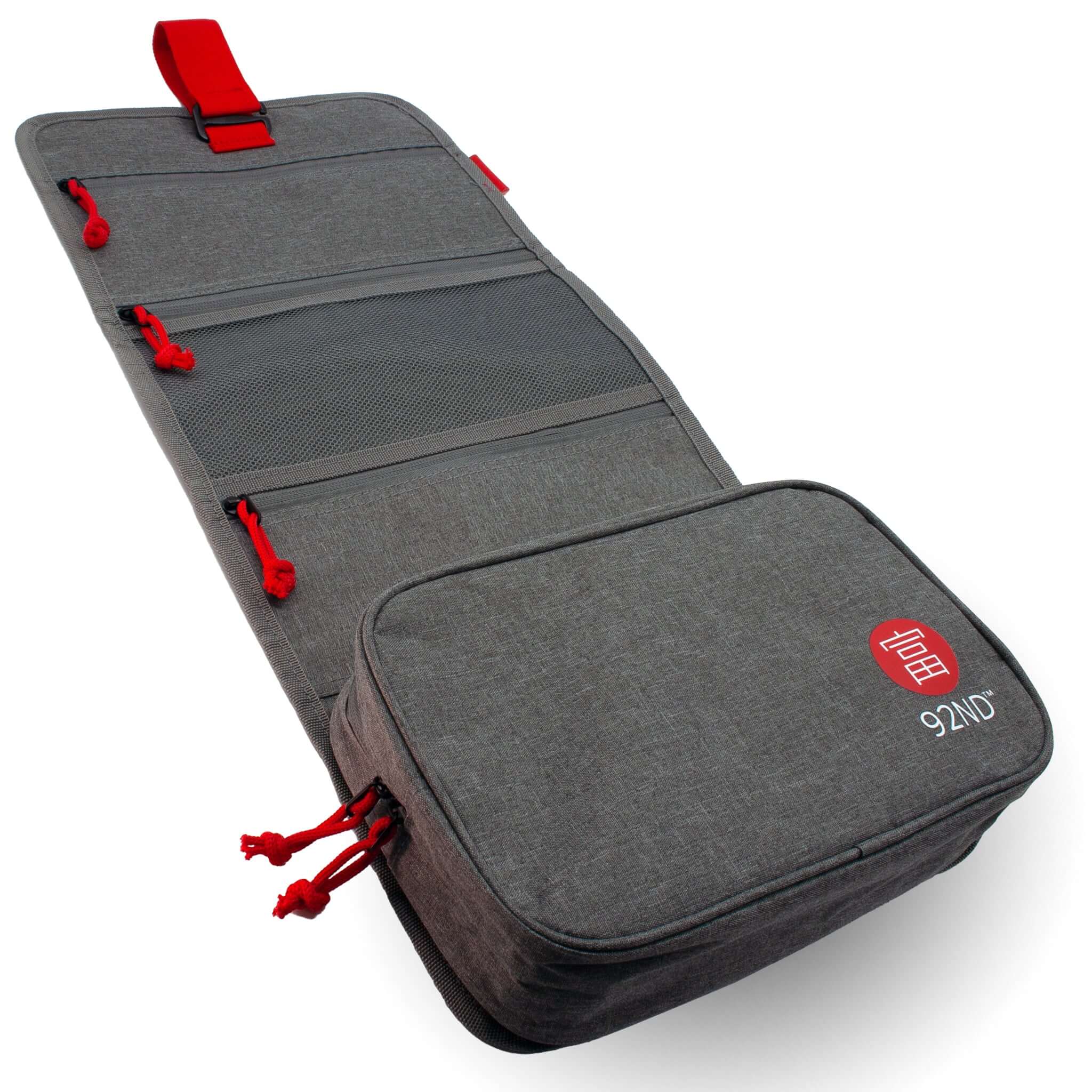 Hanging toiletry bag Washroll gray, foldable organizer with zippers and loops for easy hanging.
