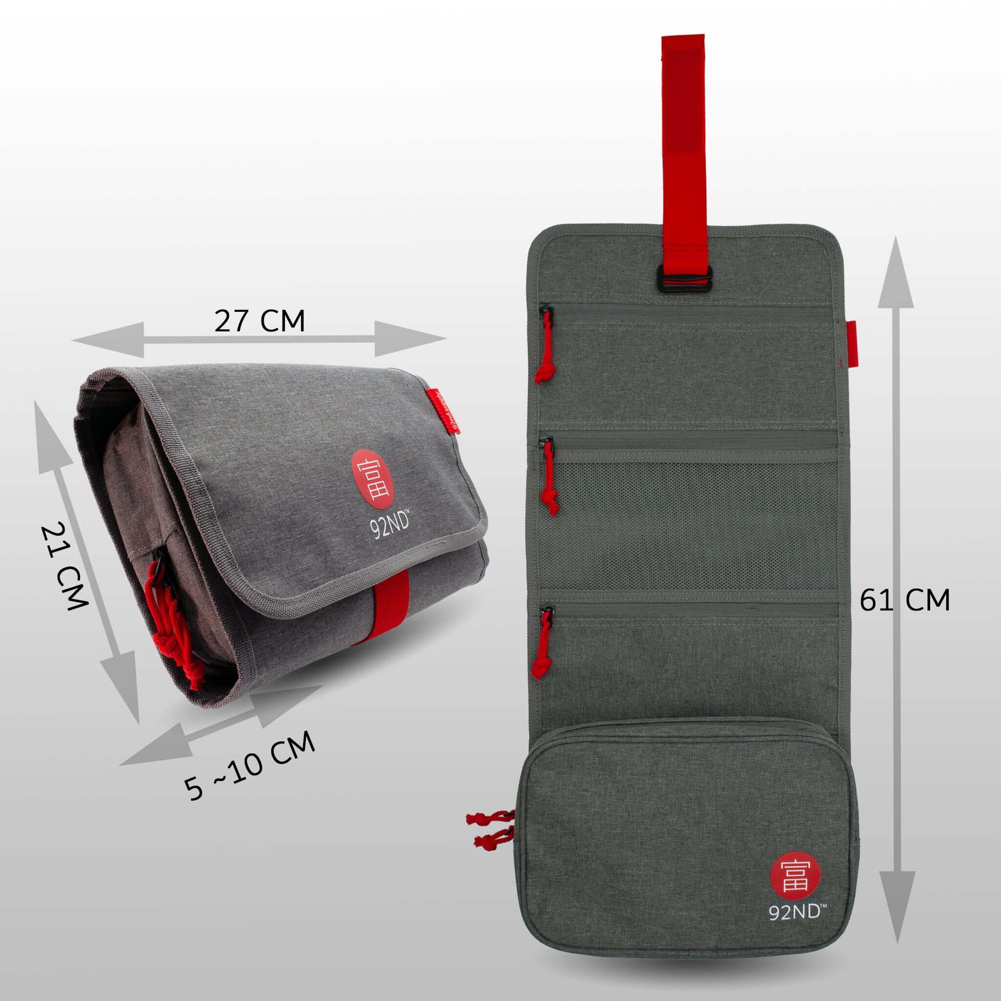 Hanging Toiletry Bag Washroll Grey, folded and rolled out with dimensions for ease of use.