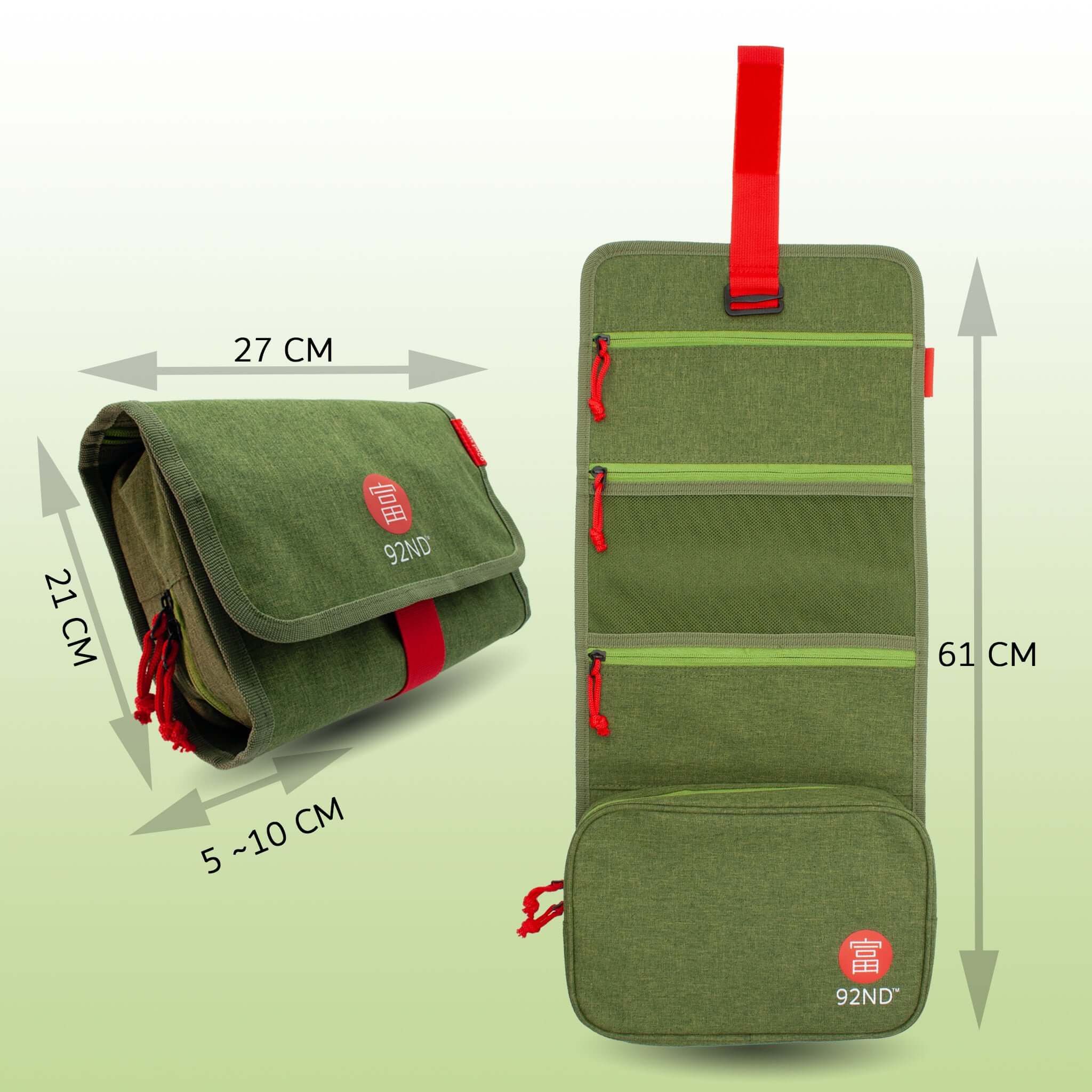 Hanging Toiletry Bag Washroll Green, folded and rolled out with dimensions for ease of use.