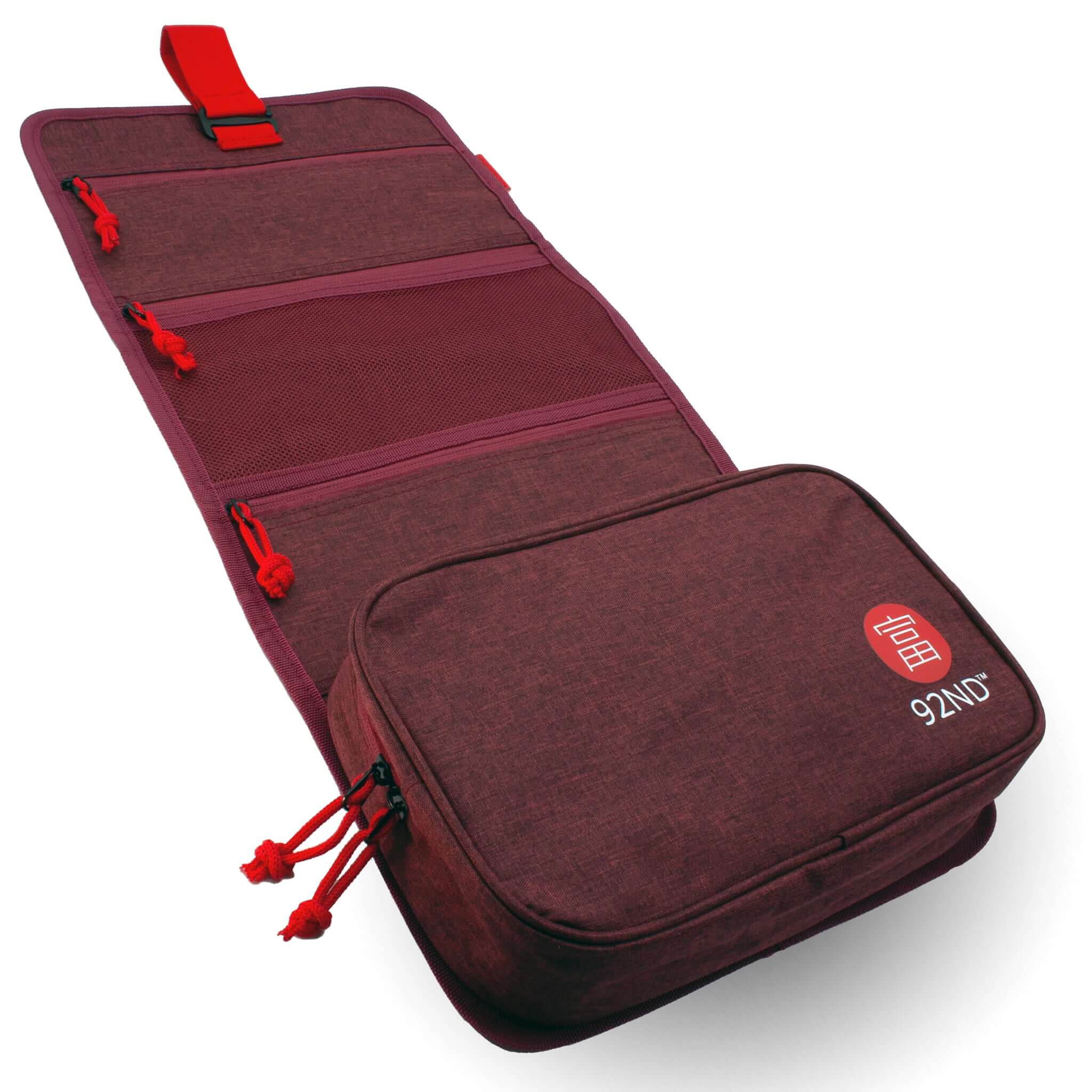 Hanging Toiletry Bag Washroll red, rolled out with handy zippers and compartments.