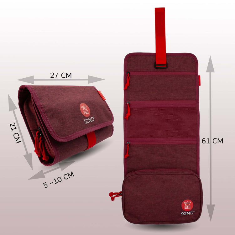 Hanging Toiletry Bag Washroll Red, folded and rolled out with dimensions for ease of use.