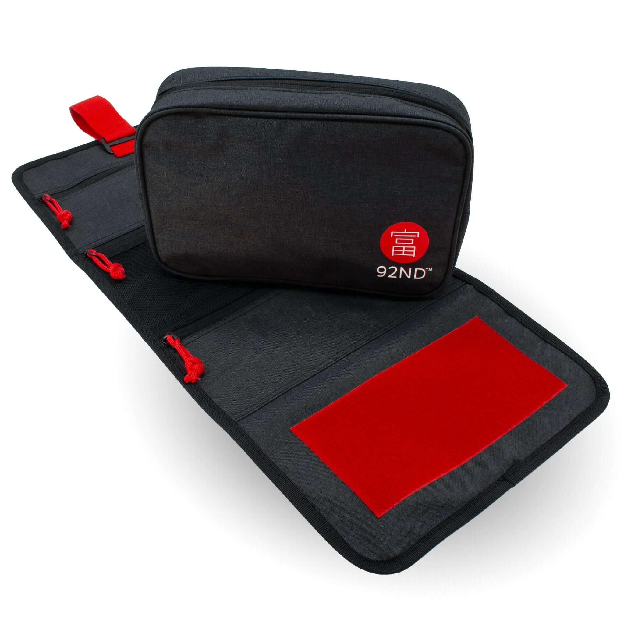 Hanging Toiletry Bag Washroll black, rolled out with handy zippers and compartments.