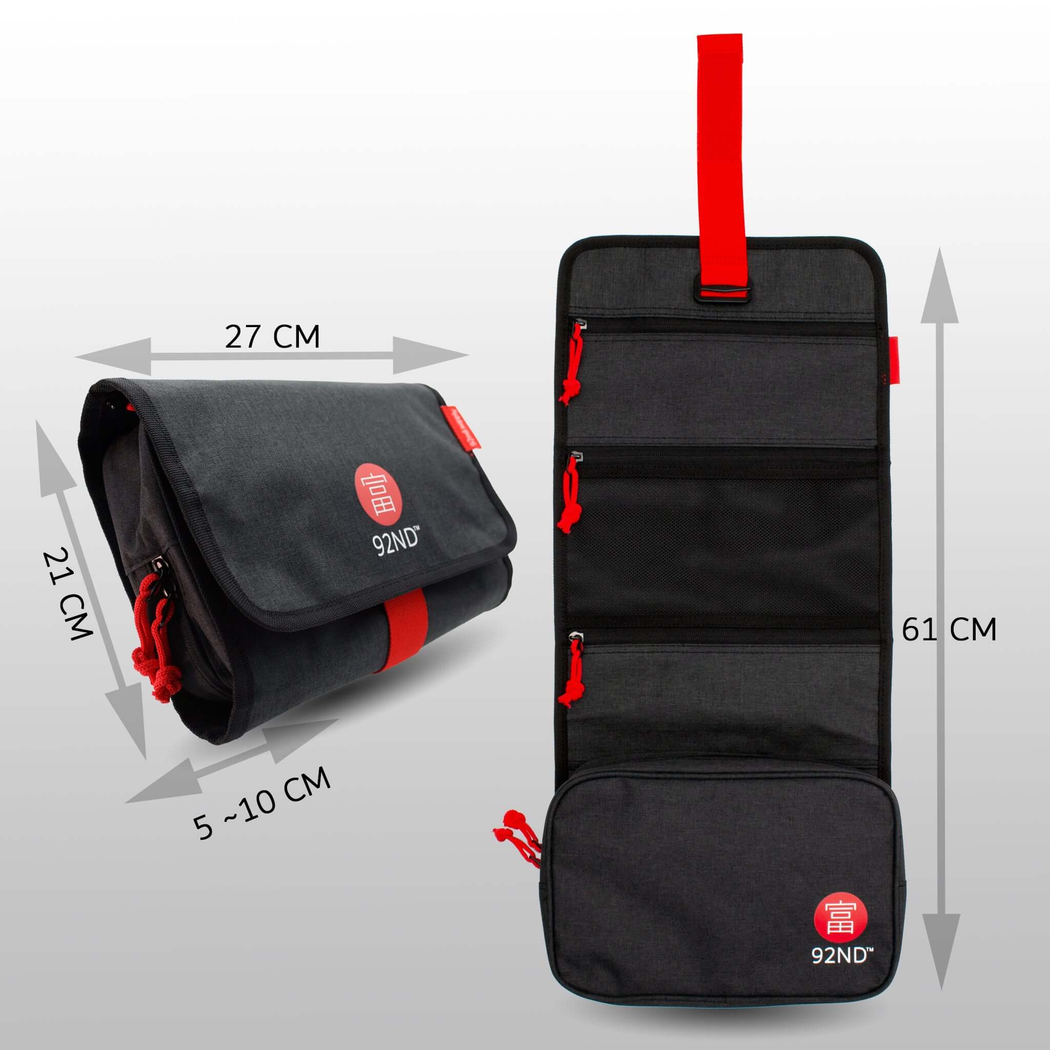 Hanging Toiletry Bag Washroll black, folded and rolled out with dimensions for ease of use.